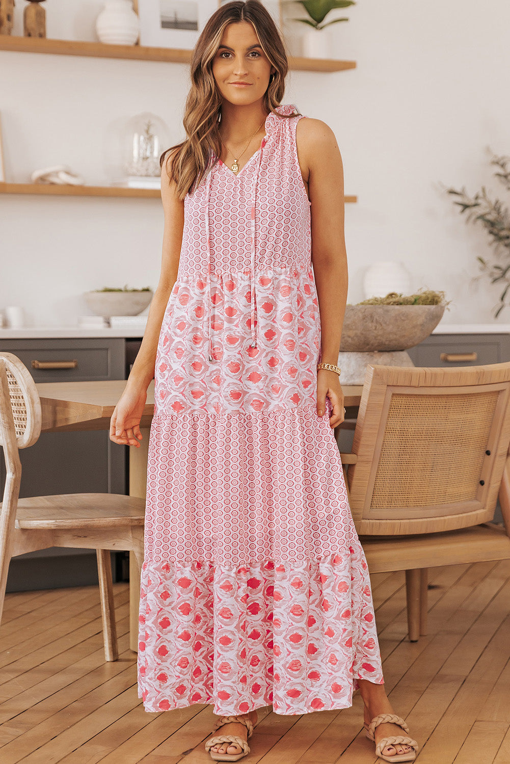 Pink Abstract Sleeveless V Neck Summer Tiered Dress