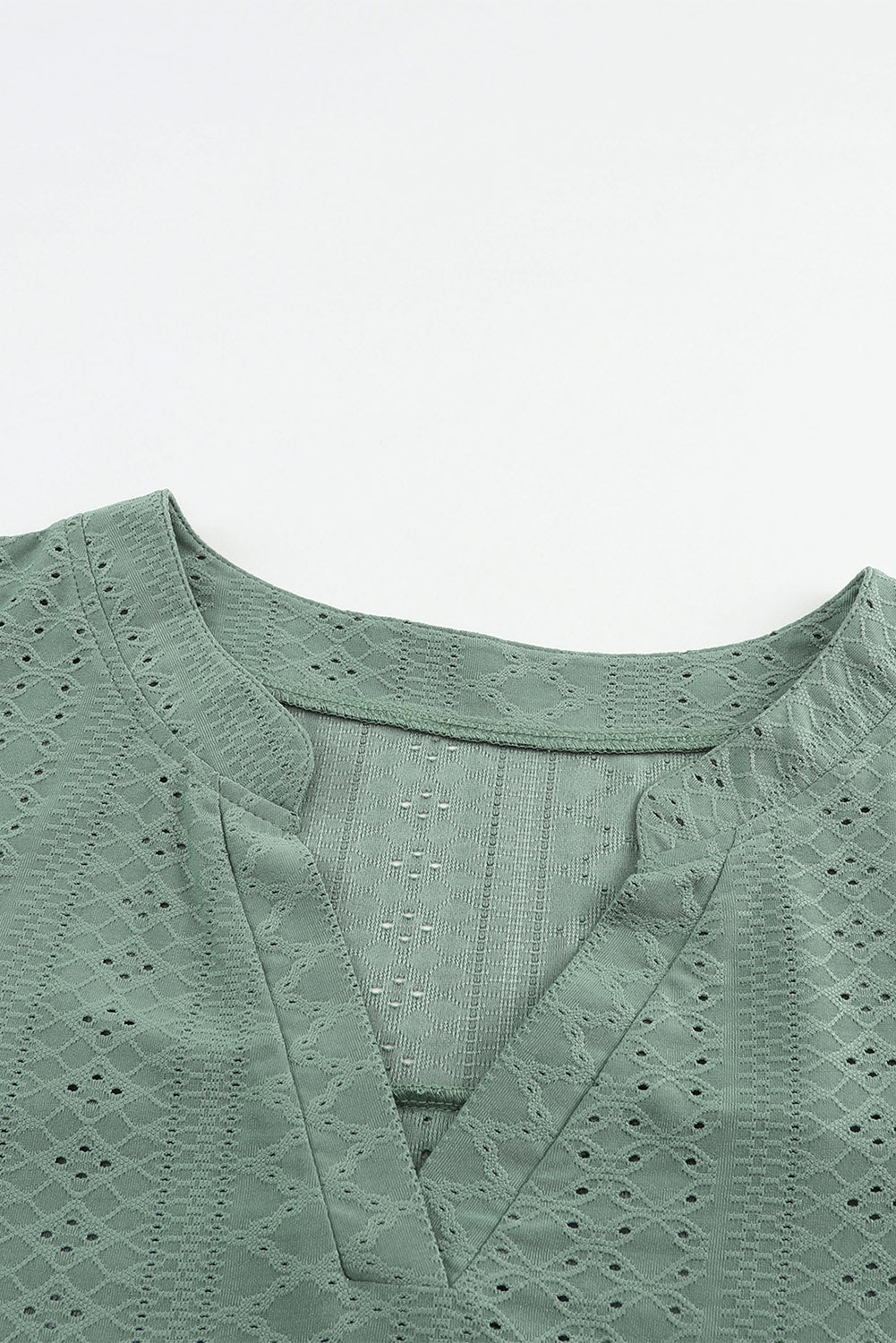 Green Eyelet Jacquard Split Neck Flounce Sleeve Plus Size Blouse