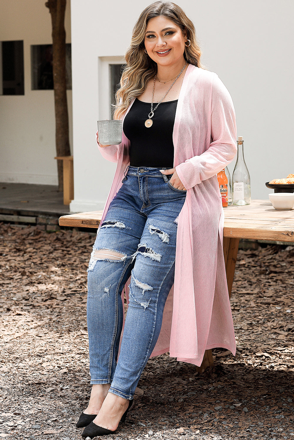 Pink Sheer Knitted Long Side Slit Plus Size Cardigan