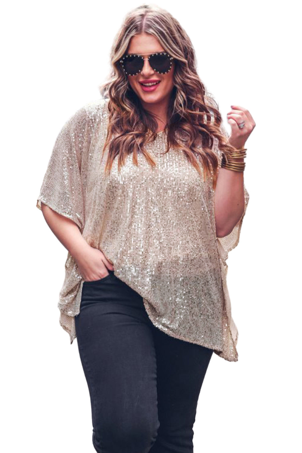 Apricot Plus Size Sequined V Neck Loose Top