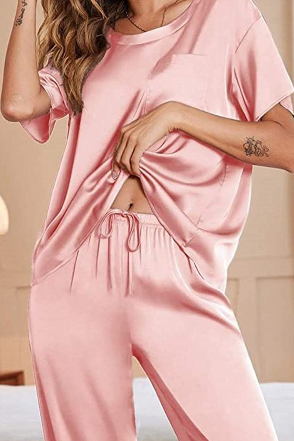 Light Pink Satin Chest Pocket Top & Drawstring Pants Lounge Set