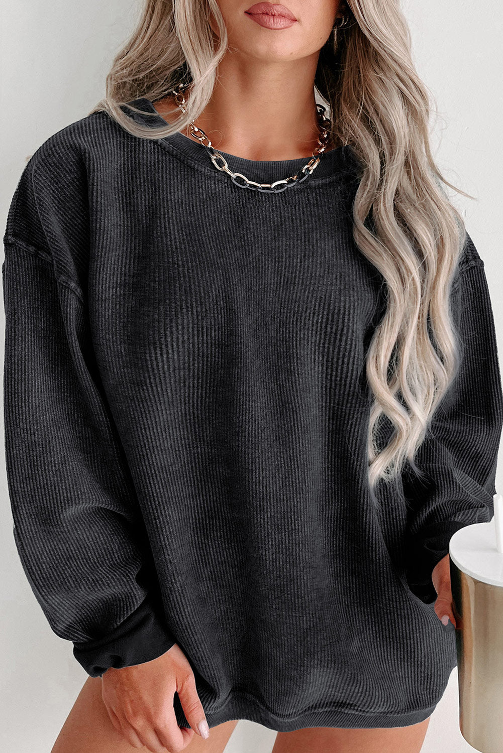 Black Plus Size Corded Round Neck Sweatshirt