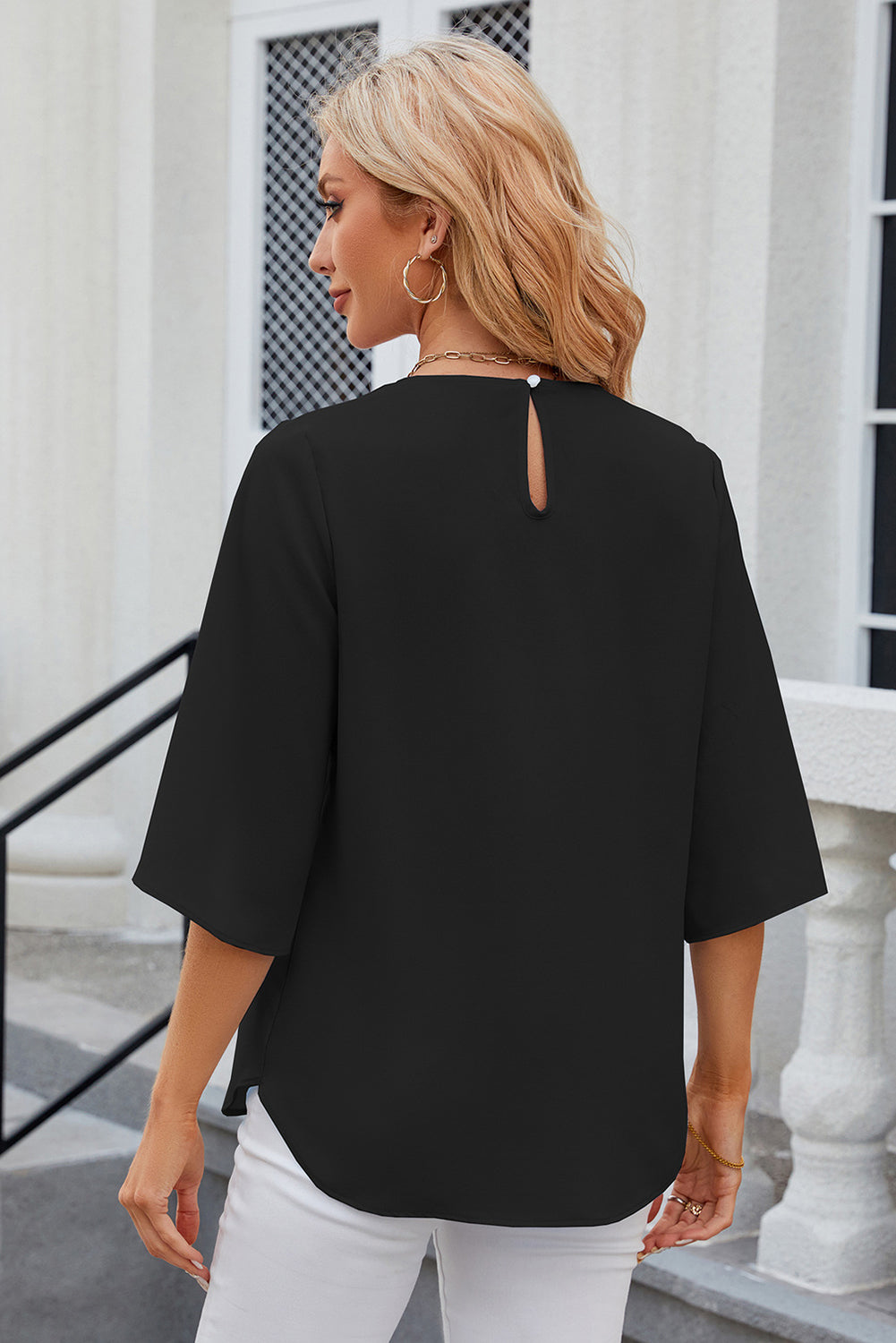 Black Solid Color Half Sleeve Loose Chiffon Blouse