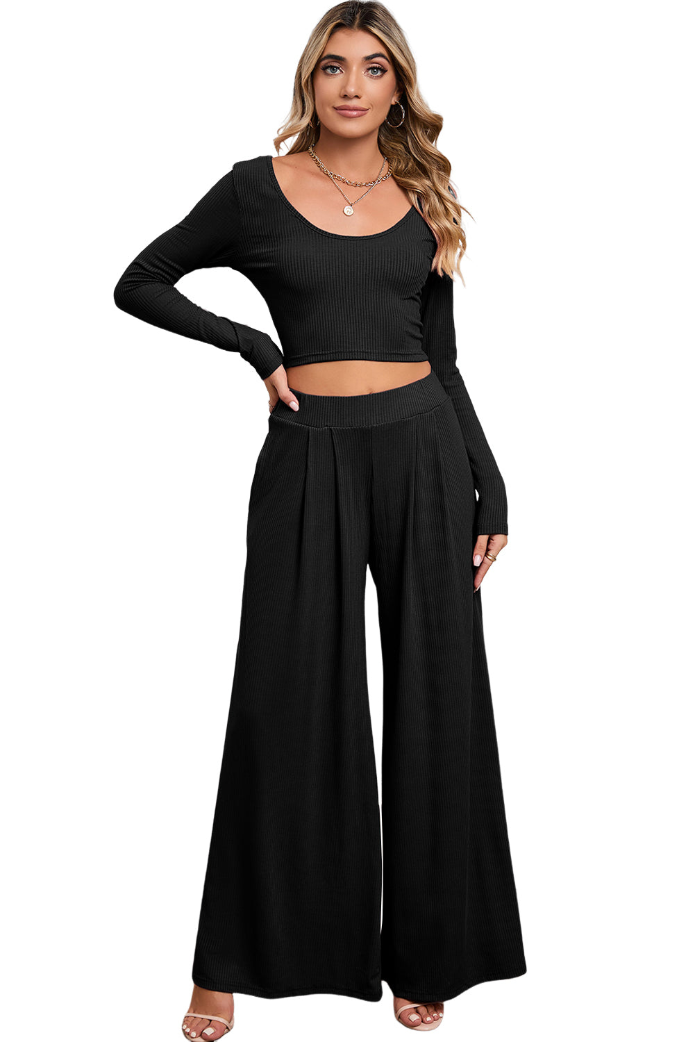 Black Plain Ribbed Crop Top & Wide Leg Pants Two Piece Pants Set