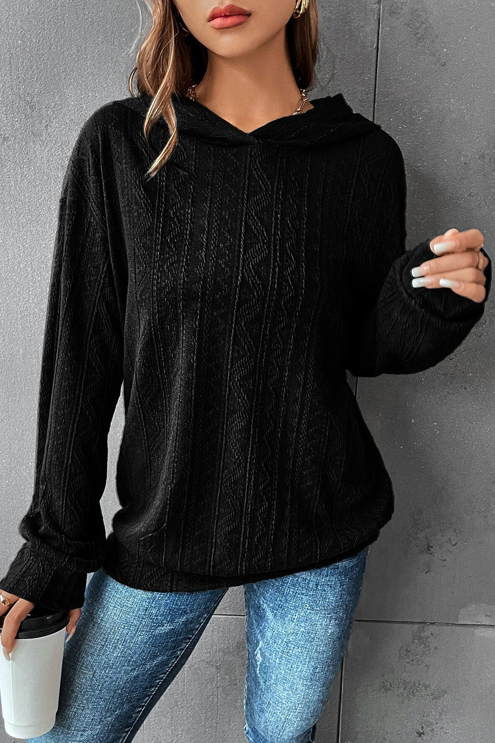 Dark Grey Casual Ribbed Knit Hoodie