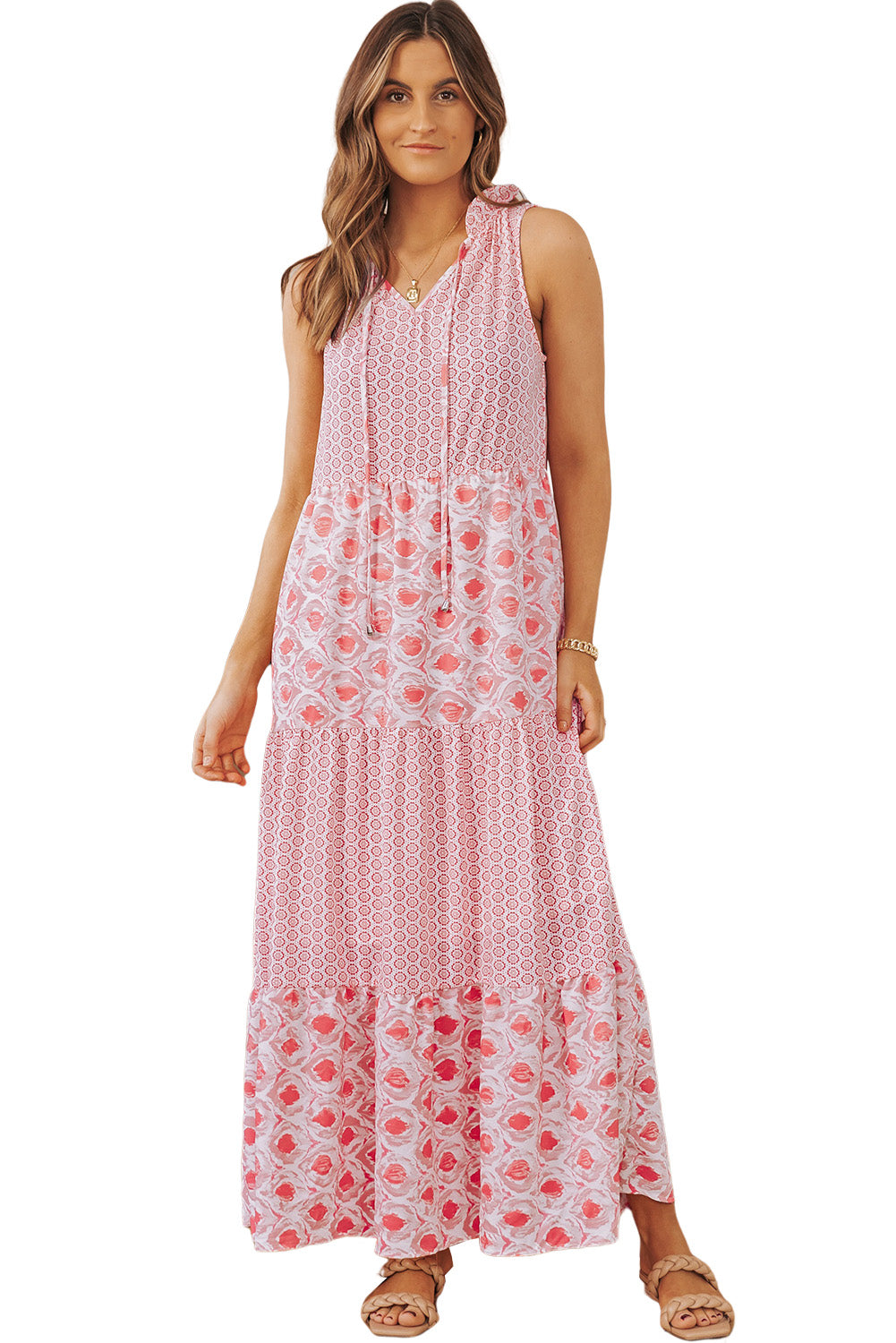 Pink Abstract Sleeveless V Neck Summer Tiered Dress