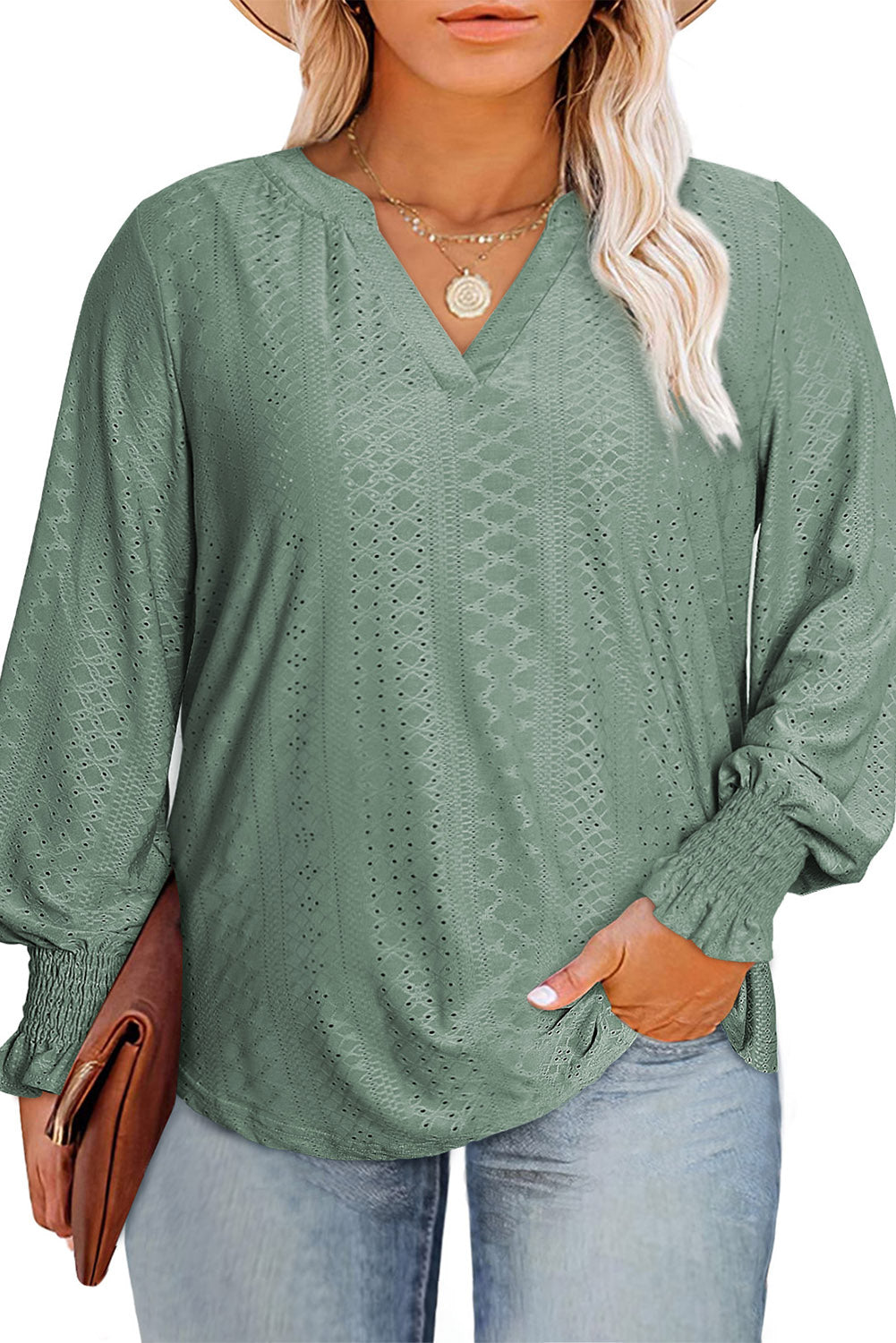 Green Eyelet Jacquard Split Neck Flounce Sleeve Plus Size Blouse