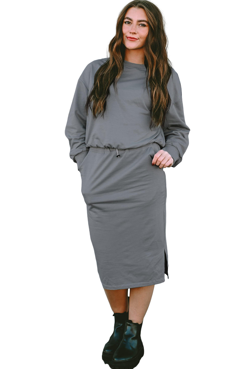 Dark Grey Drop Sleeve Pullover and Slit Midi Skirt Set