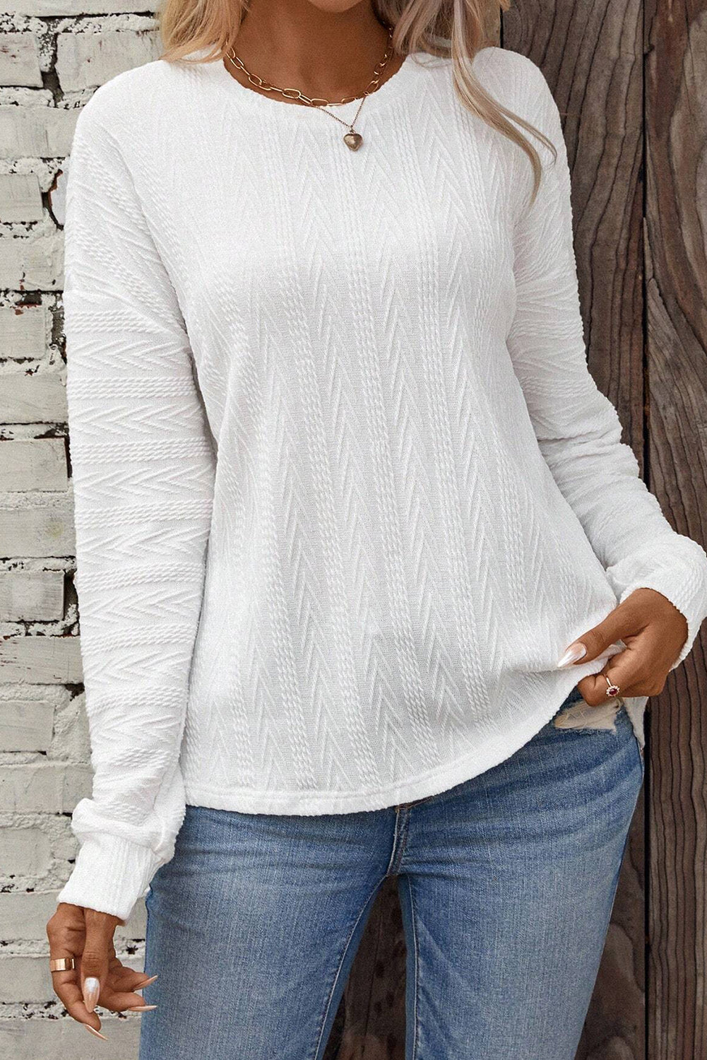 White Textured Knit Round Neck Drop Shoulder Top