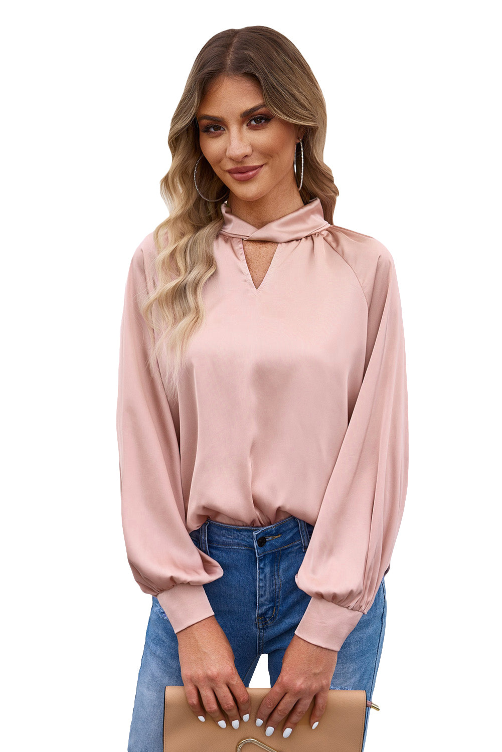 Pink Elegant Keyhole Long Sleeve Satin Blouse