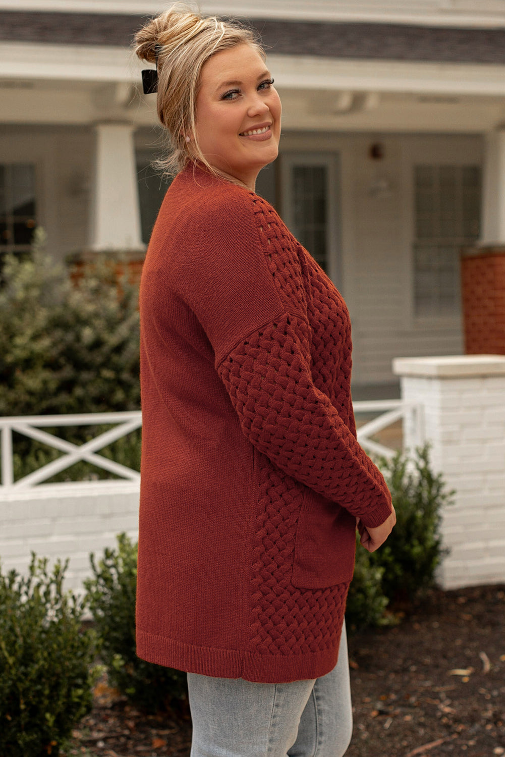 Chestnut Weave Knit Side Pockets Plus Size Cardigan