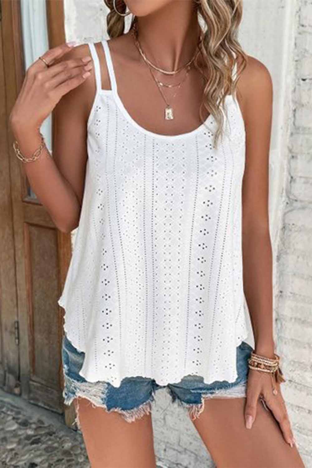 Pink Eyelet Strappy Scoop Neck Tank Top