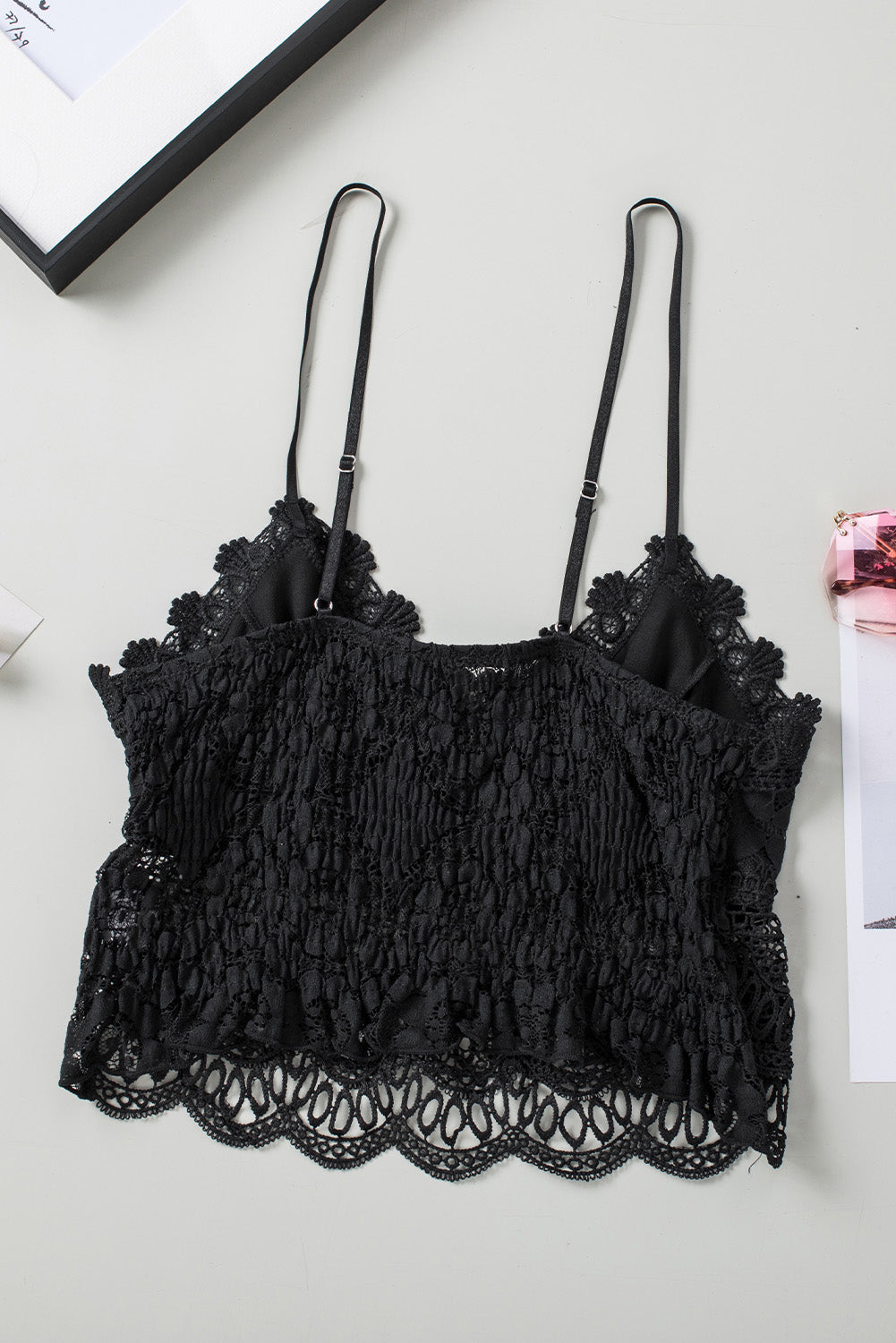 Black Basic Lace Crochet Smocked Cropped Camisole