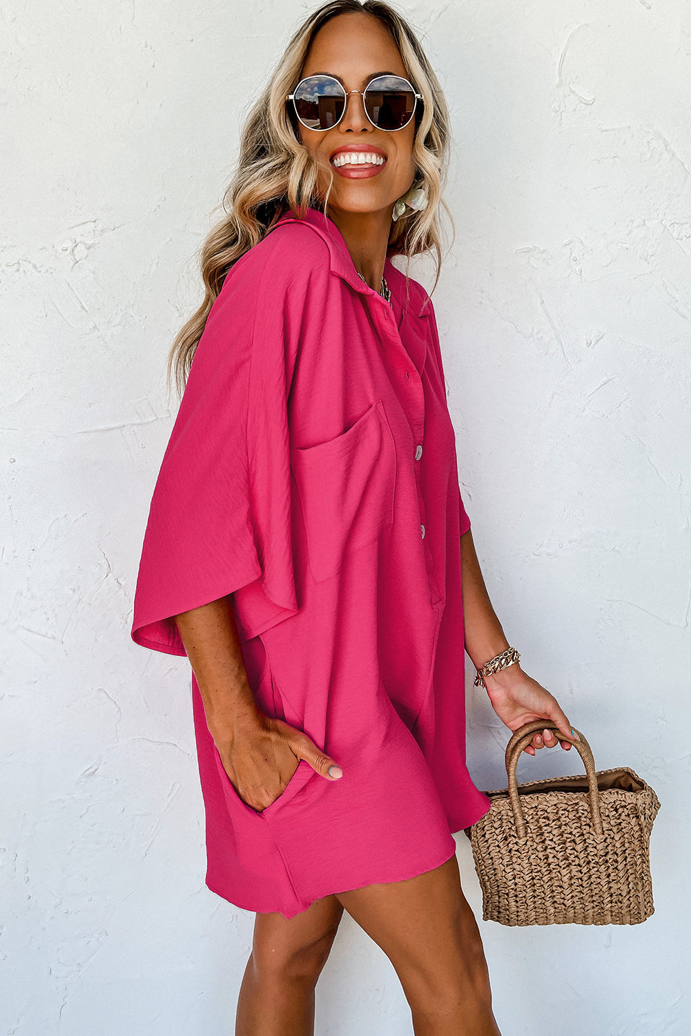 Bright Pink Plain Half Button Collared Pocket Loose Romper