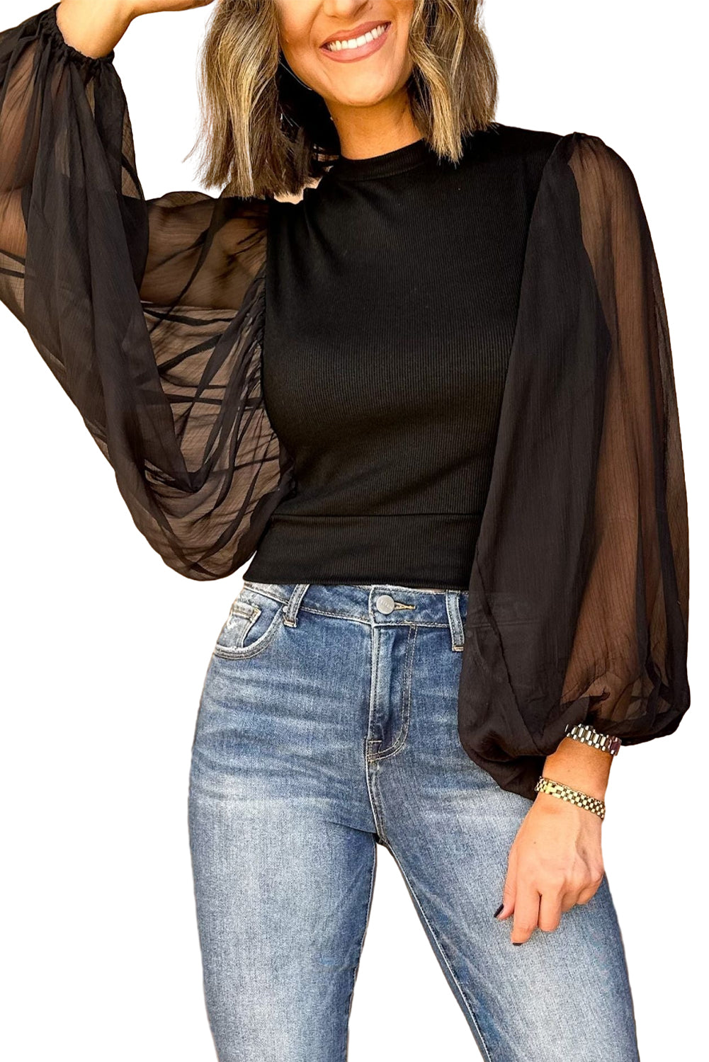 Black Billowy Mesh Lantern Sleeve Ribbed Top