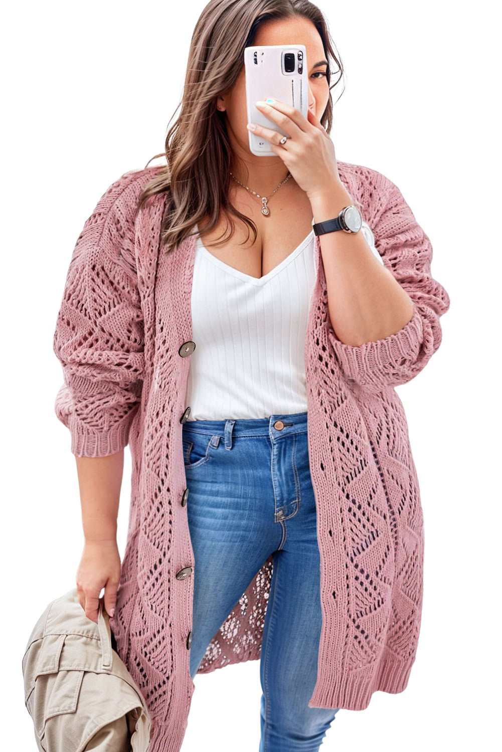 Pink Hollow Knit Button-Up Plus Size Cardigan