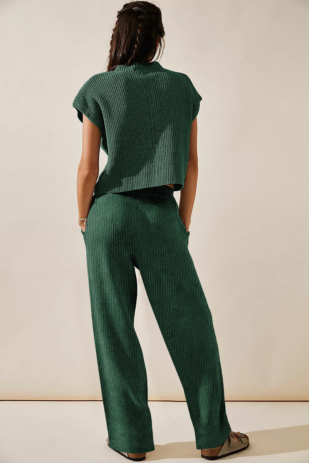 Green Knitted V Neck Sweater and Wide Leg Pants Set