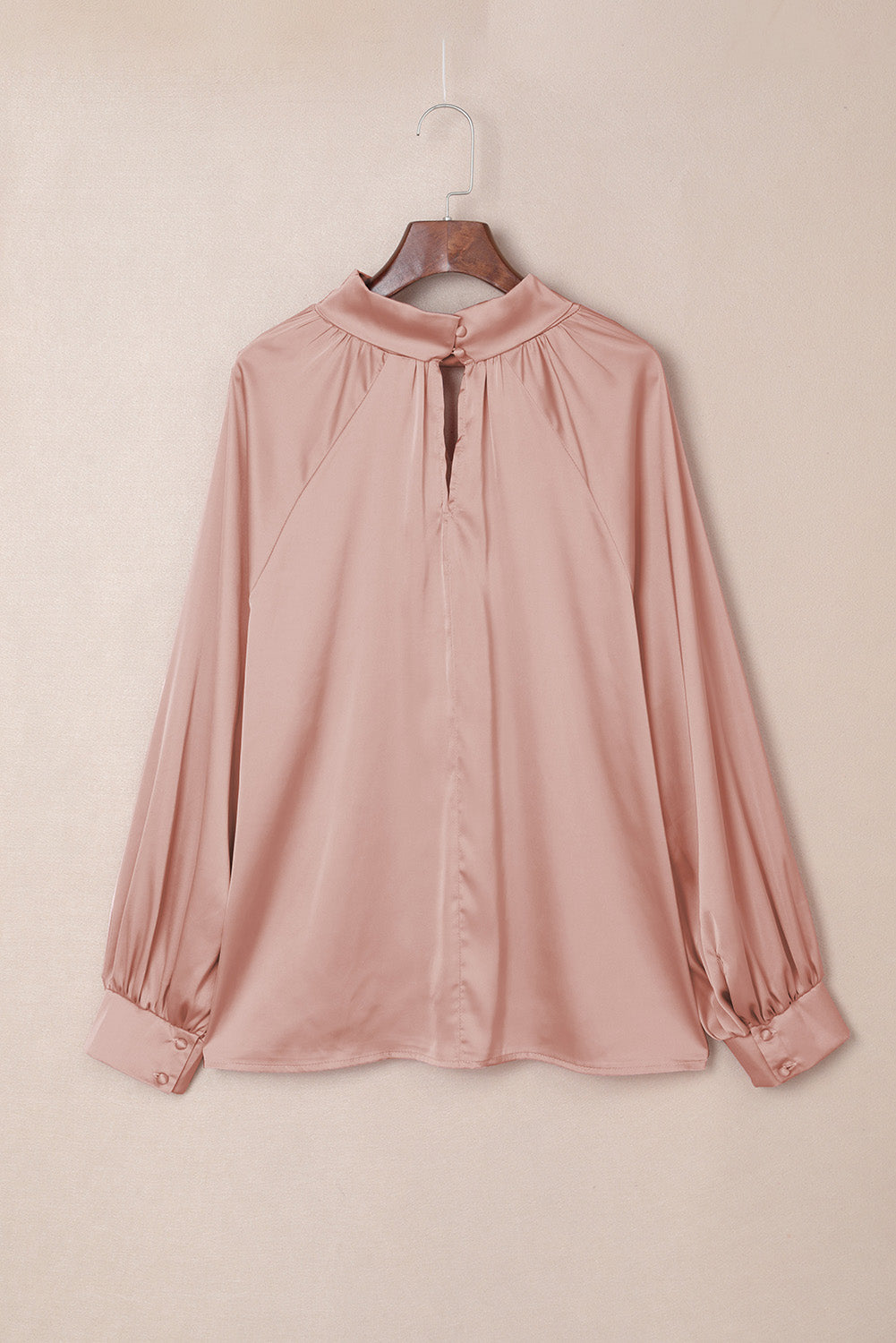 Pink Elegant Keyhole Long Sleeve Satin Blouse