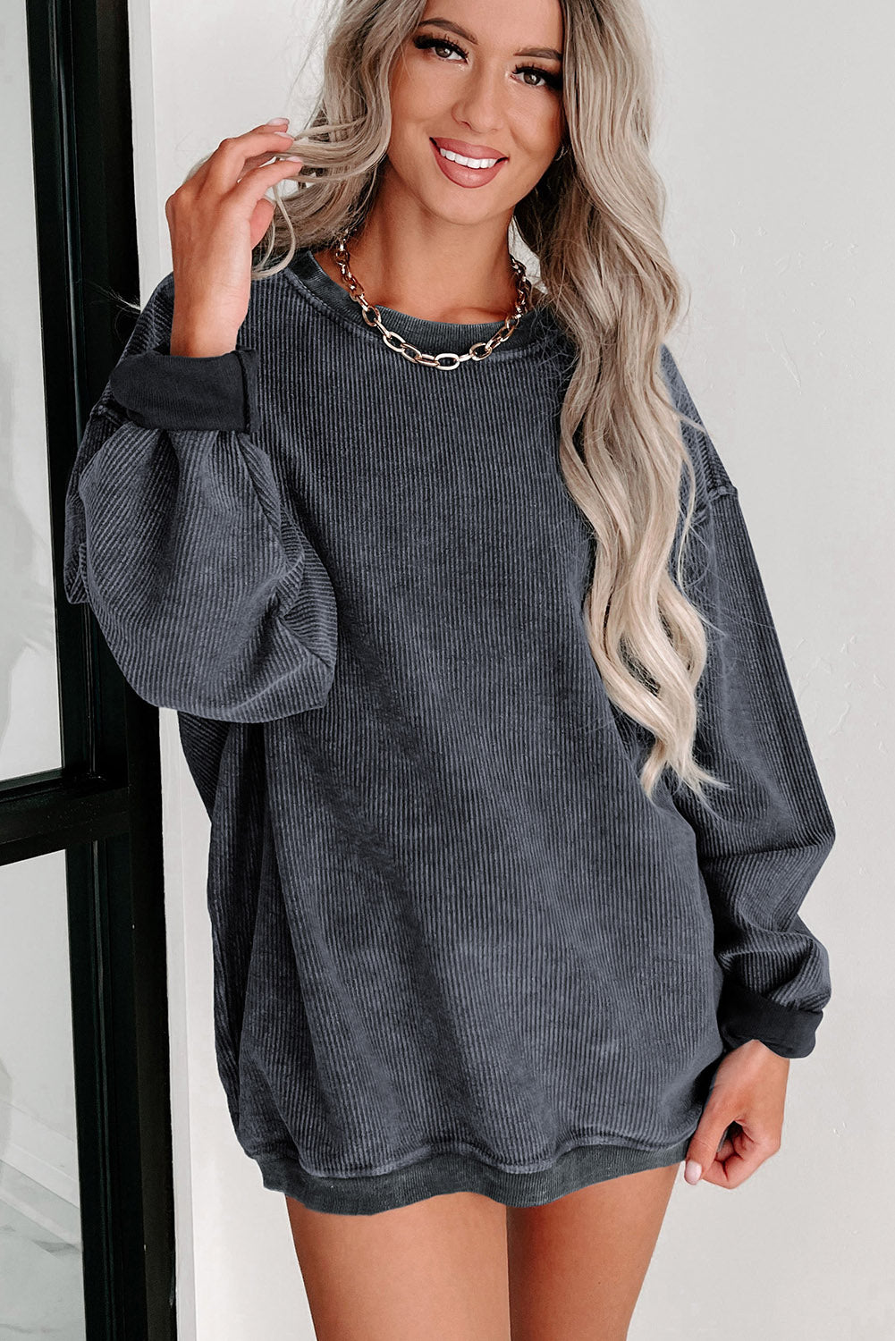 Khaki Solid Ribbed Round Neck Pullover Sweatshirt