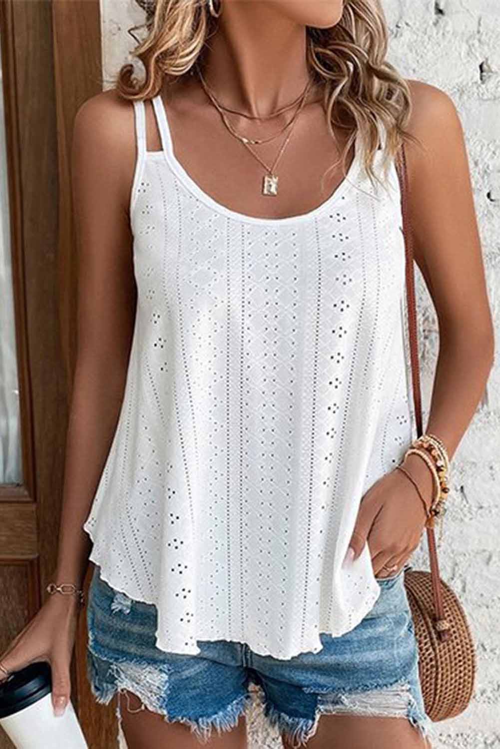 Pink Eyelet Strappy Scoop Neck Tank Top