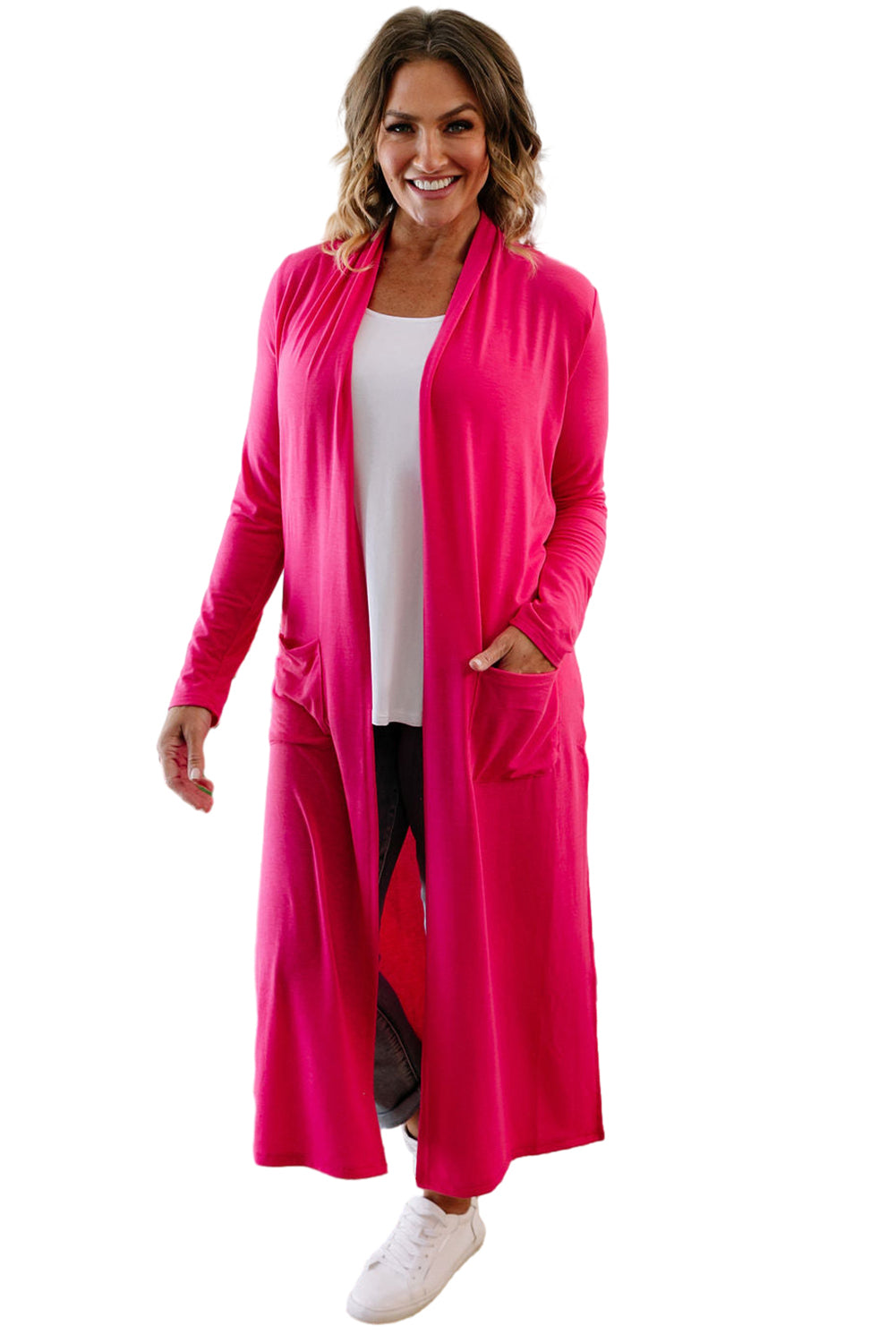 Strawberry Pink Plus Size Side Split Pockets Duster Cardigan