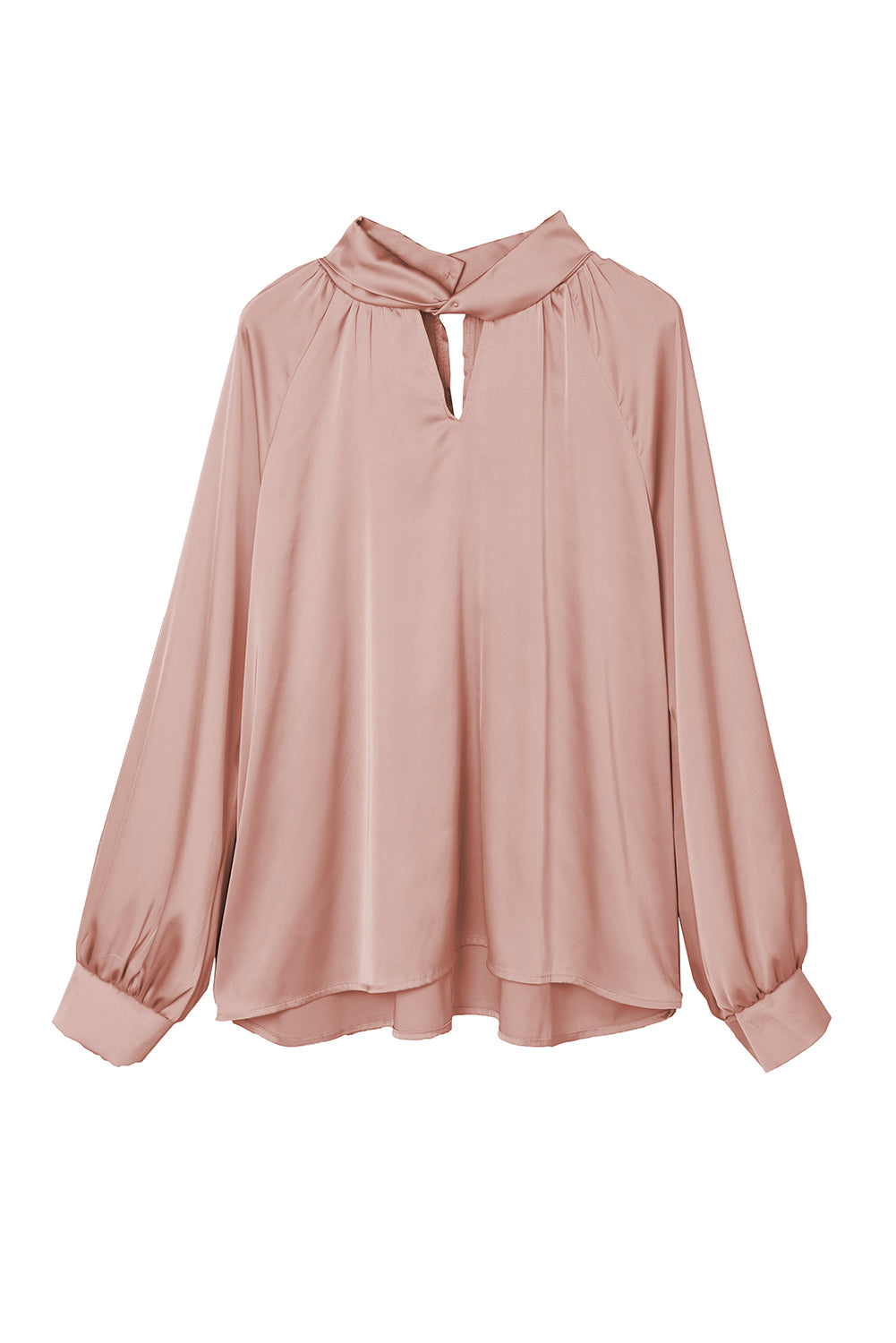 Pink Elegant Keyhole Long Sleeve Satin Blouse