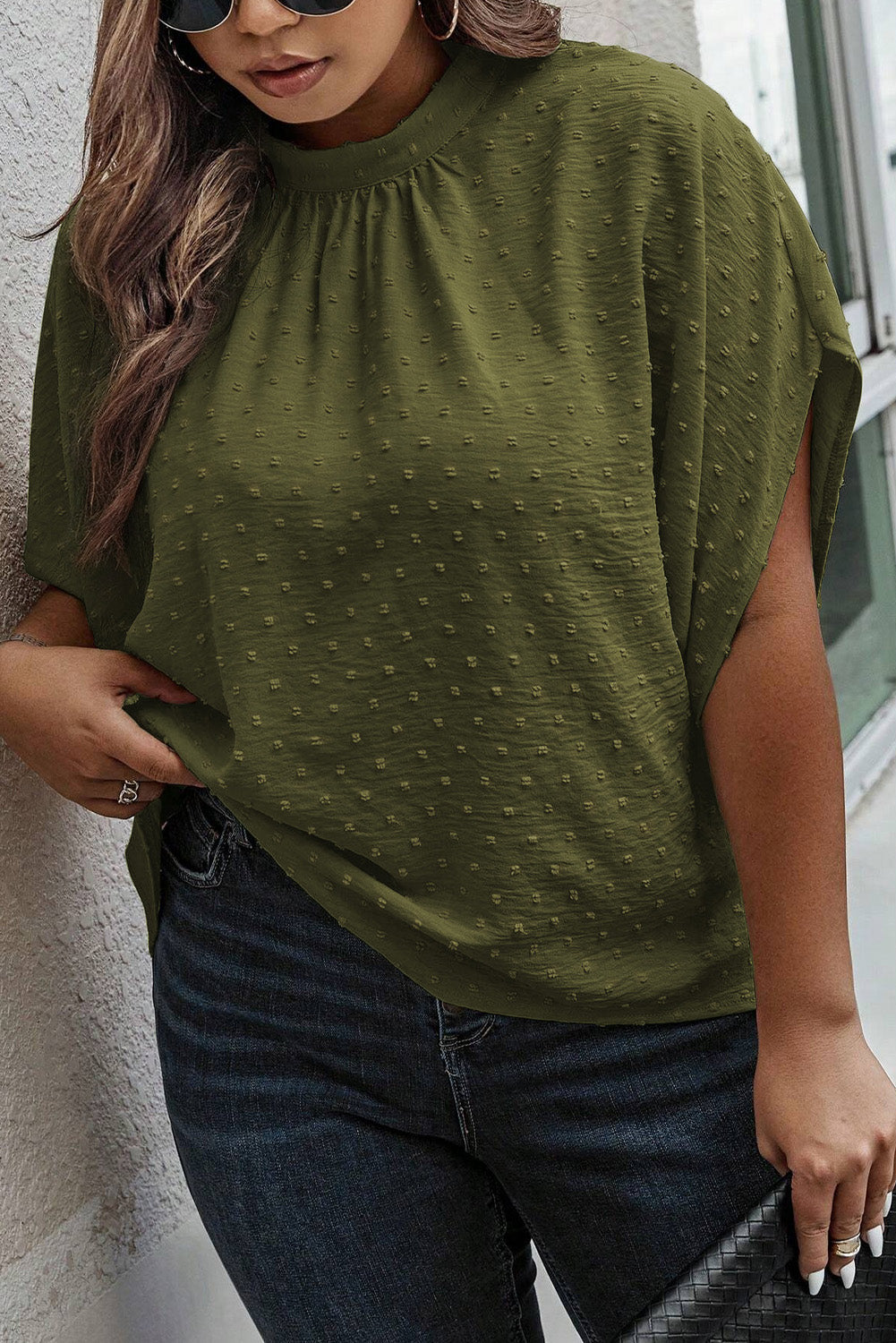 Moss Green Plus Size Swiss Dot Mock Neck Top