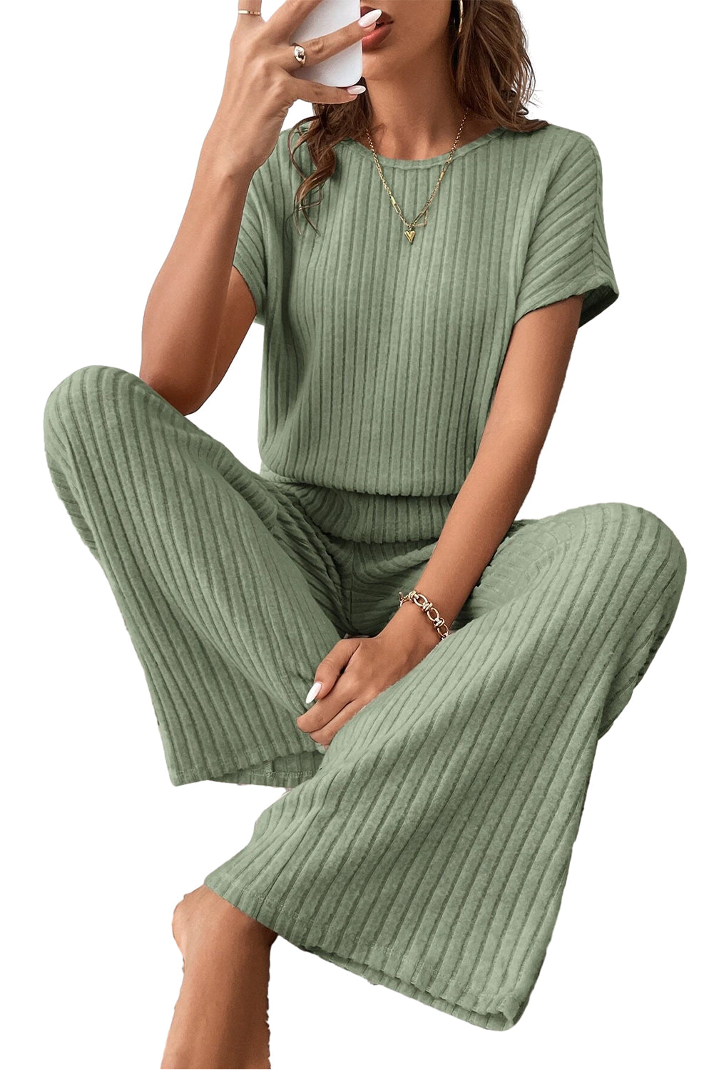 Parchment Solid Color Ribbed Short Sleeve Wide Leg Jumpsuit