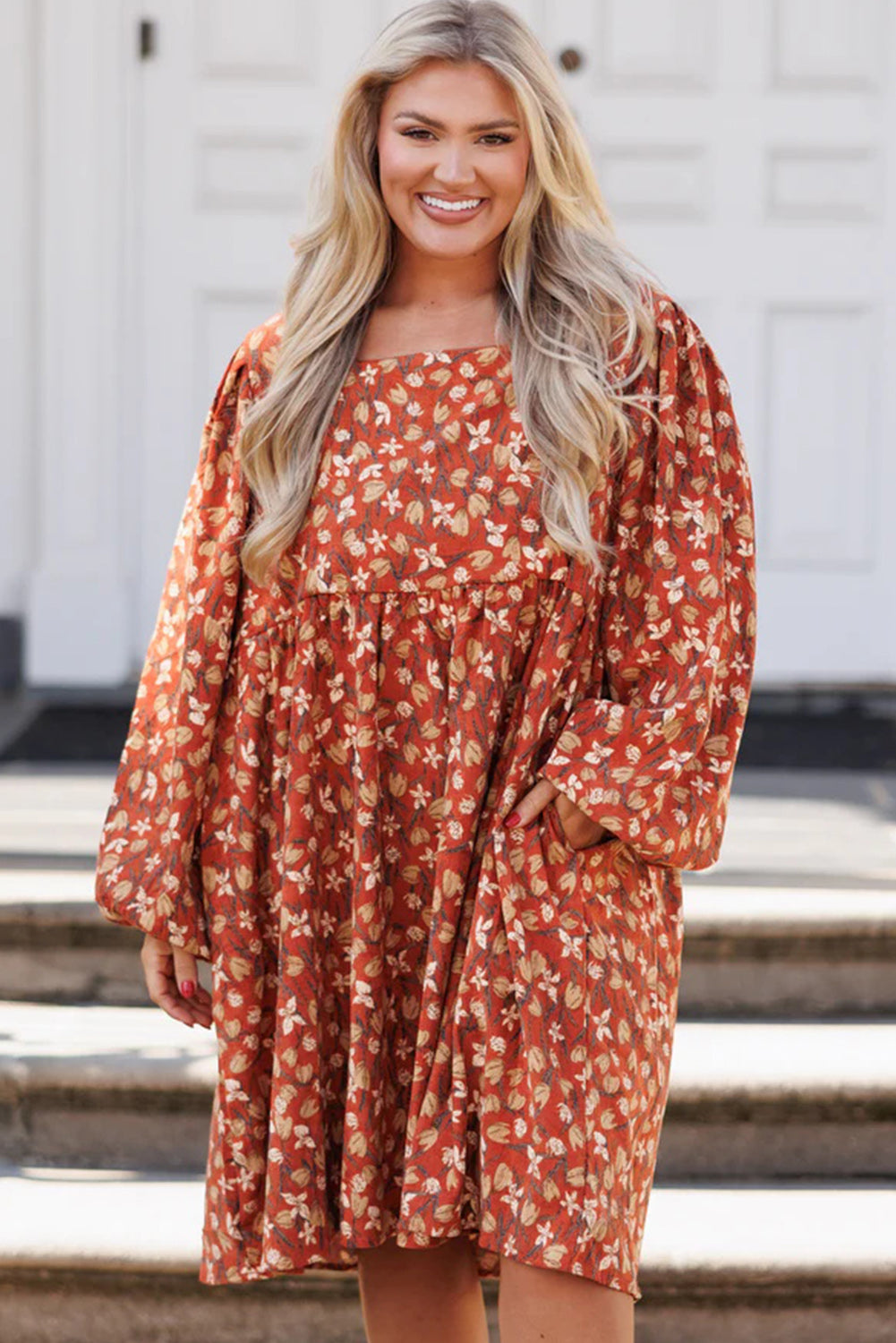 Gold Flame Floral Print Square Neck Bubble Sleeve Plus Size Midi Dress