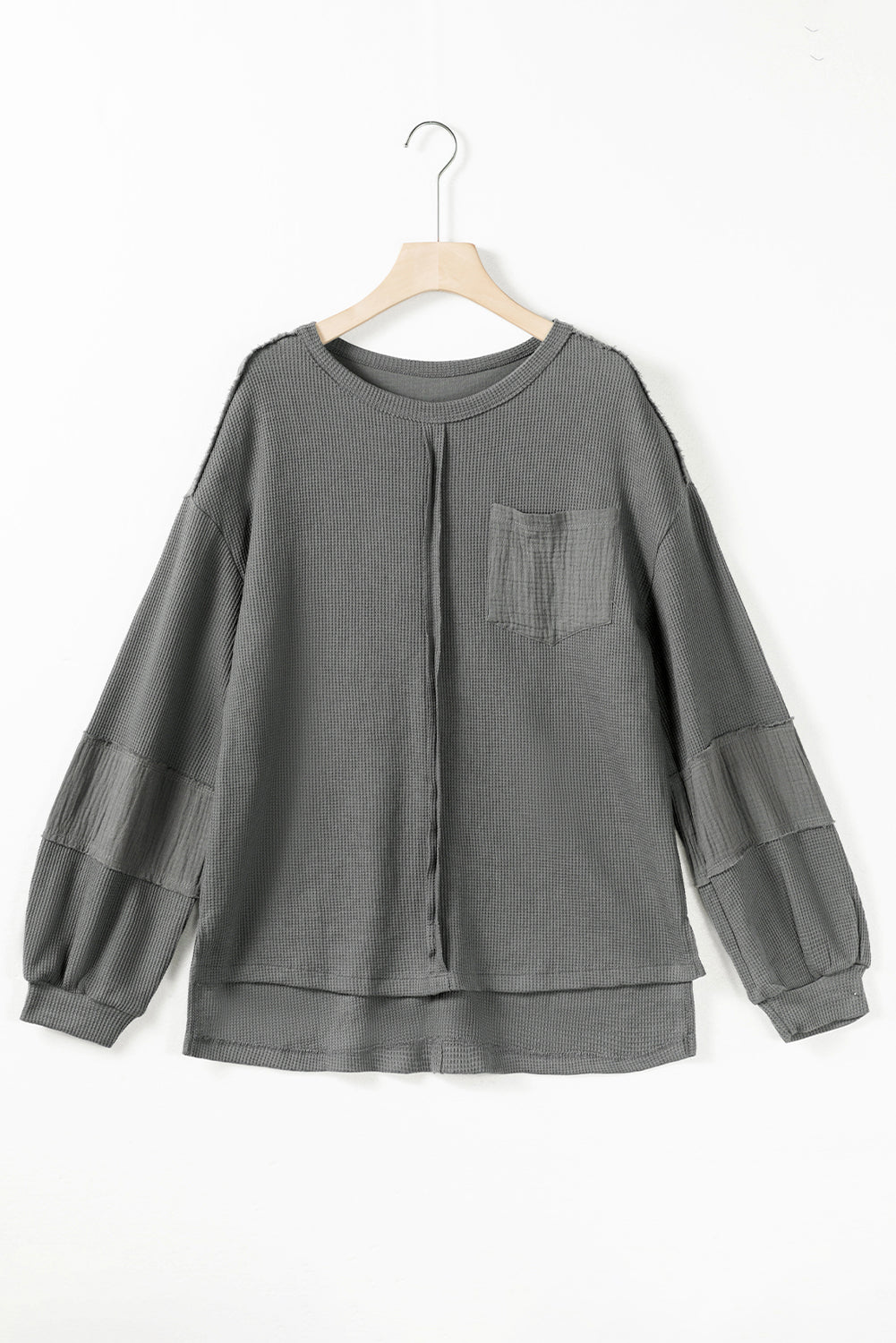 Gray Waffle and Crinkle Patchwork Long Sleeve Top