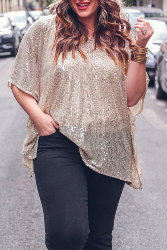 Apricot Plus Size Sequined V Neck Loose Top