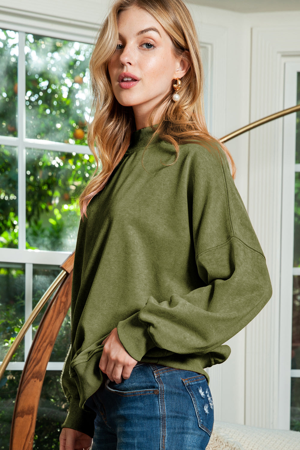 Brown Plain Drop Shoulder Crew Neck Pullover Sweatshirt