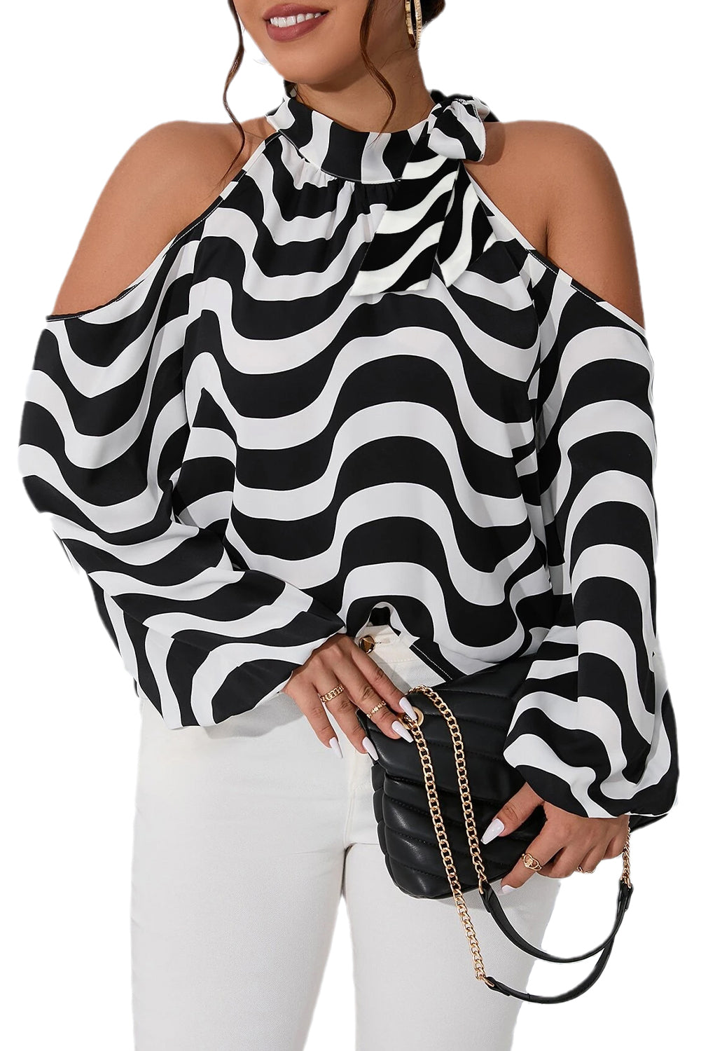 White Plus Size Striped Cold Shoulder Halter Neck Blouse