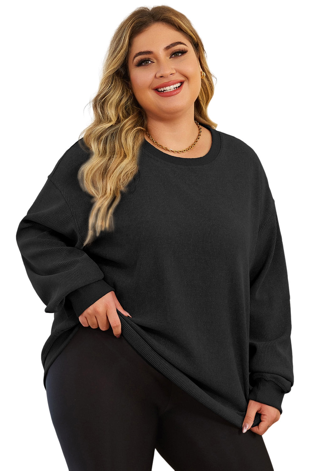 Black Plus Size Corded Round Neck Sweatshirt