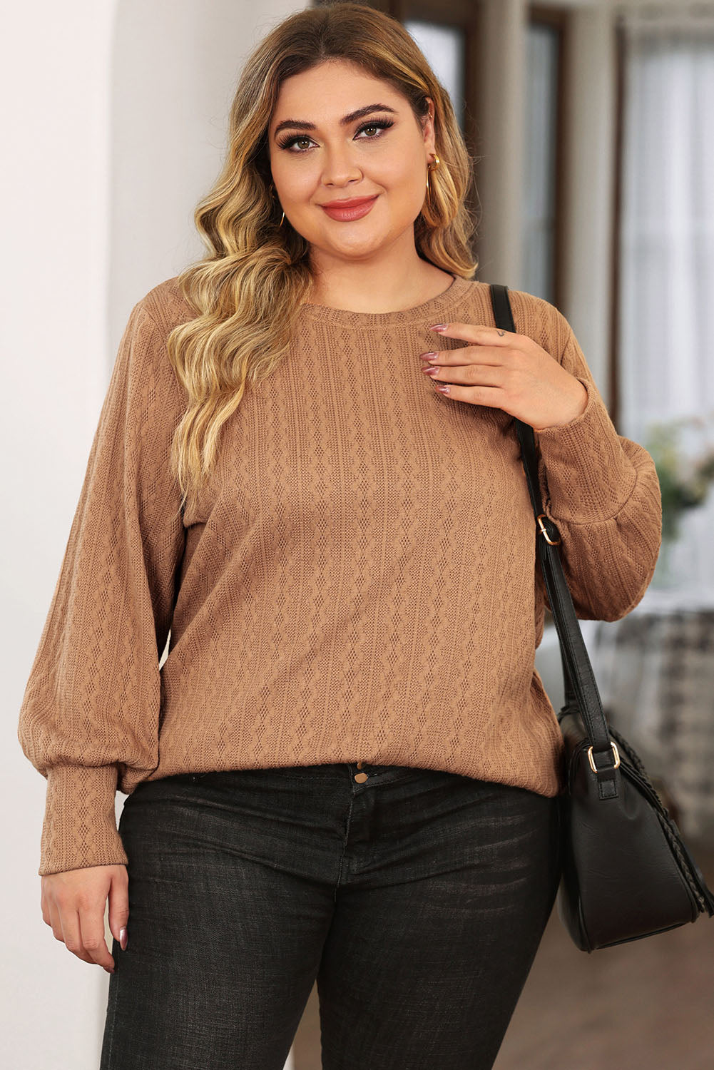 Khaki Casual Subtle Cable Knit Plus Size Sweater