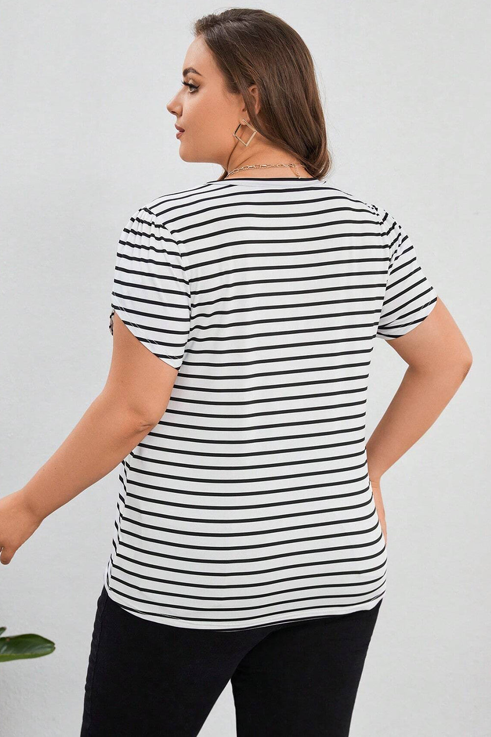 White Stripe V Neck Petal Sleeve Plus Size T-Shirt