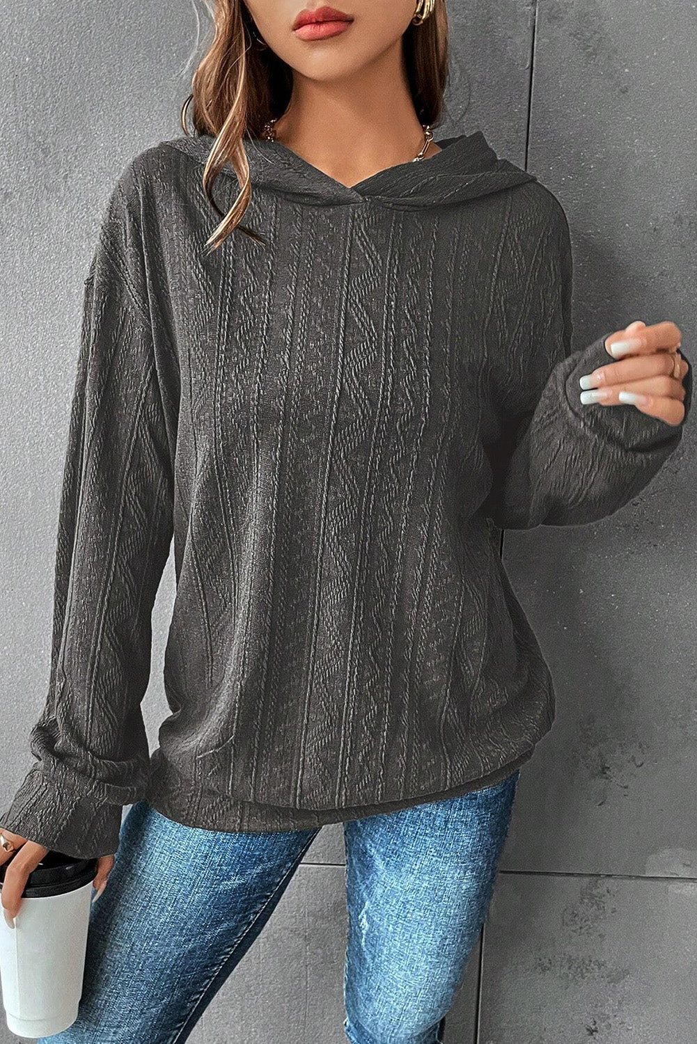 Dark Grey Casual Ribbed Knit Hoodie