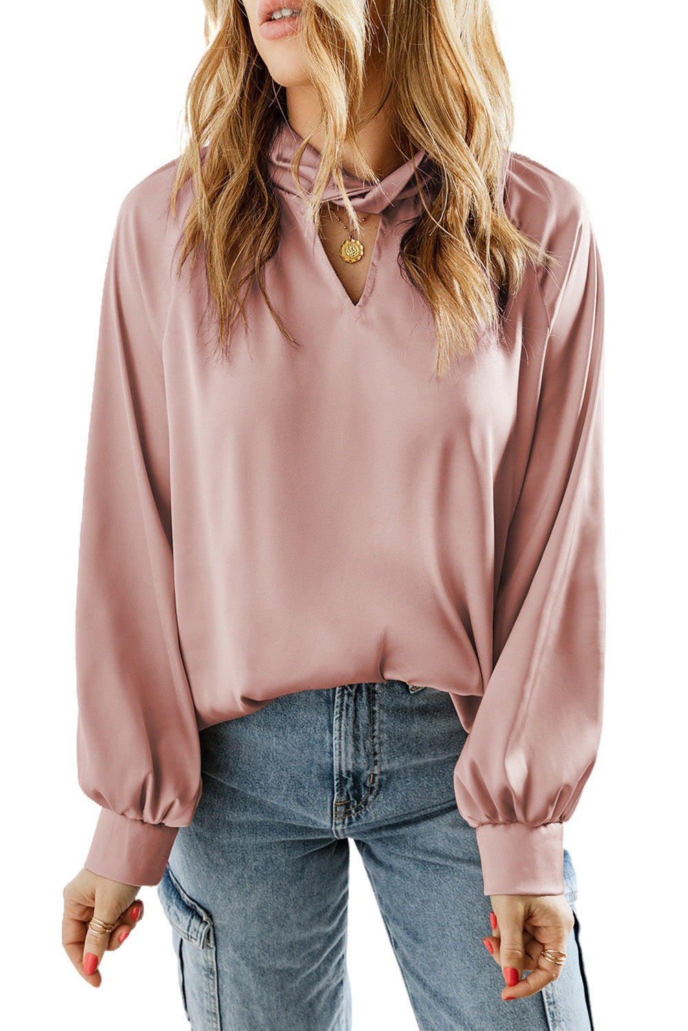 Pink Elegant Keyhole Long Sleeve Satin Blouse