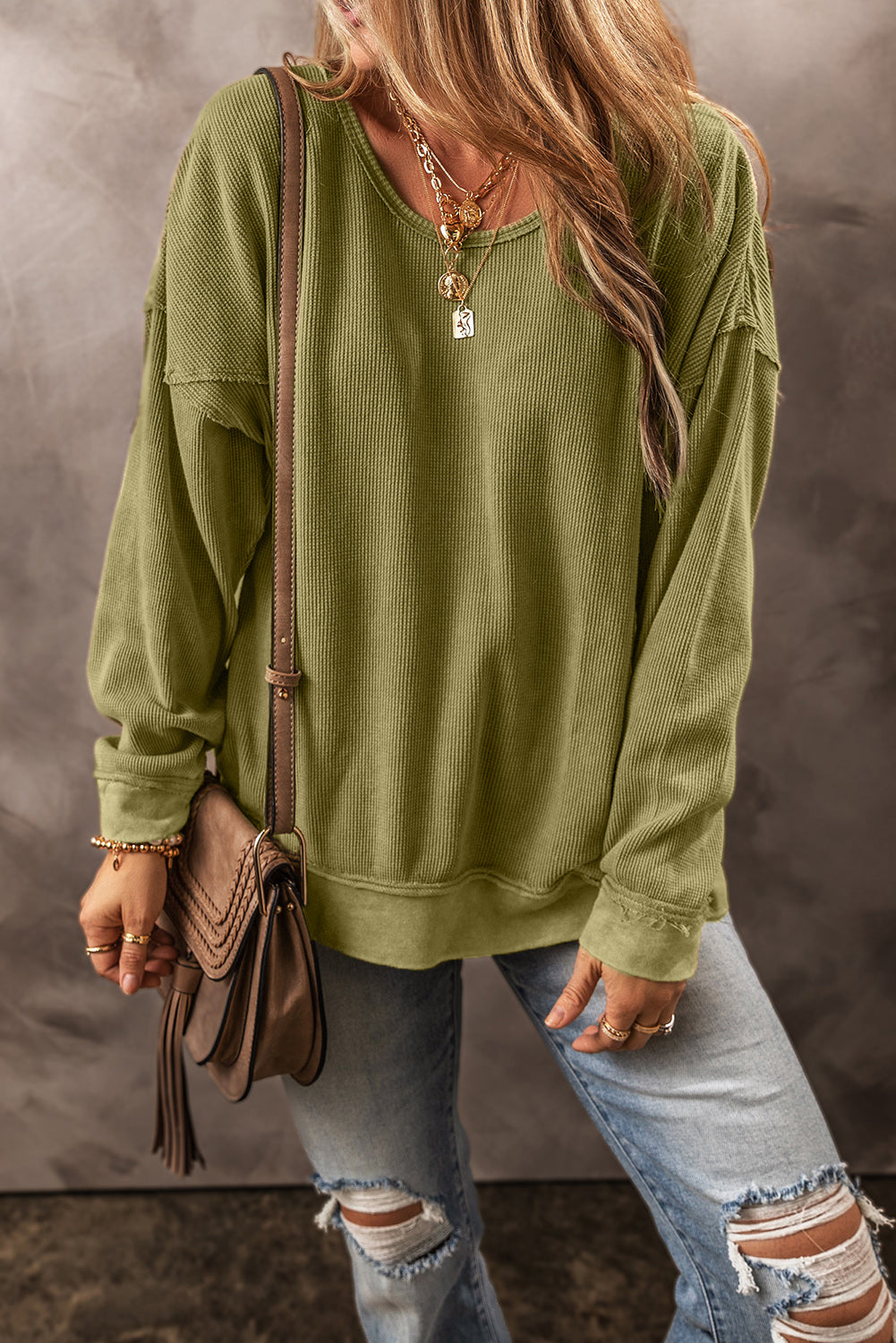 Green Waffle Textured Exposed Seamed Drop Sleeve Sweatshirt