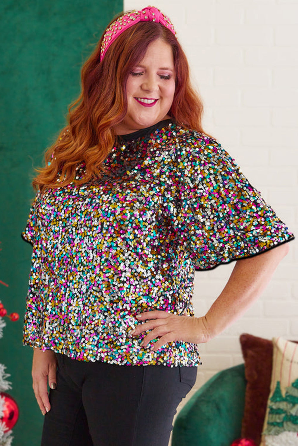 Silvery Vibrant Sequin Plus Size Short Sleeve Top