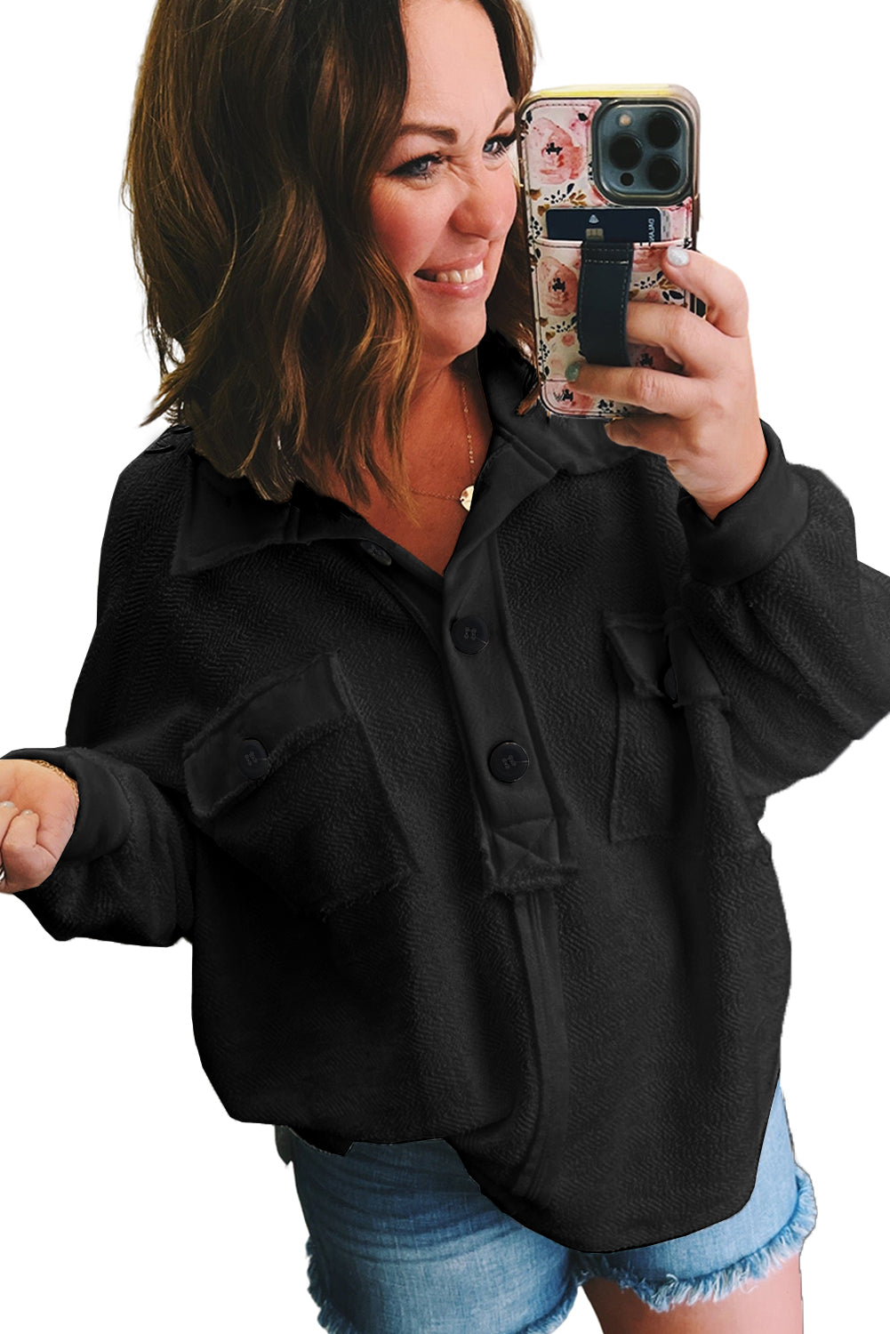 Black Plus Size Long Sleeve Flap Pocket Henley Top