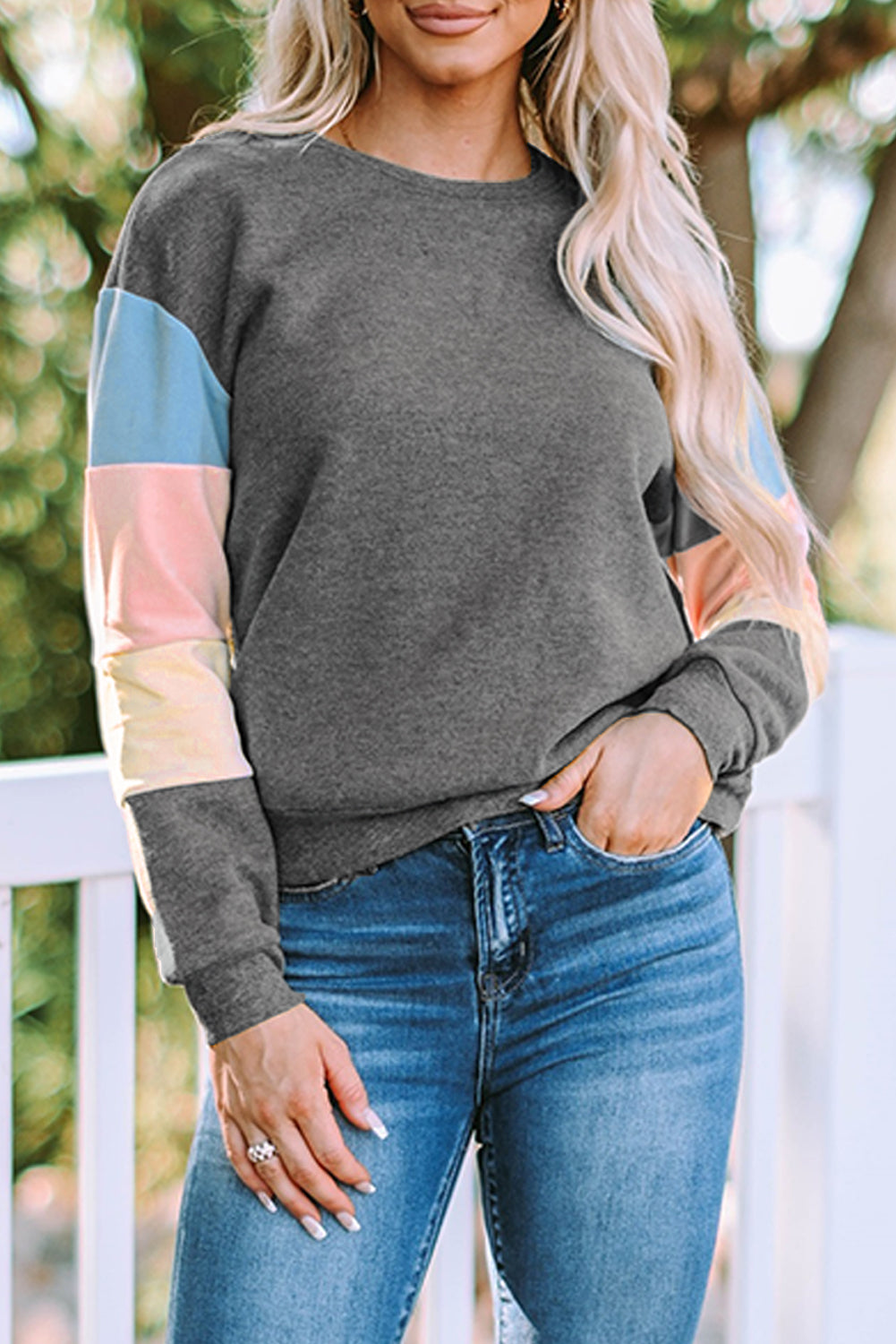 Grey Casual Color Block Drop Sleeve Sweatshirt