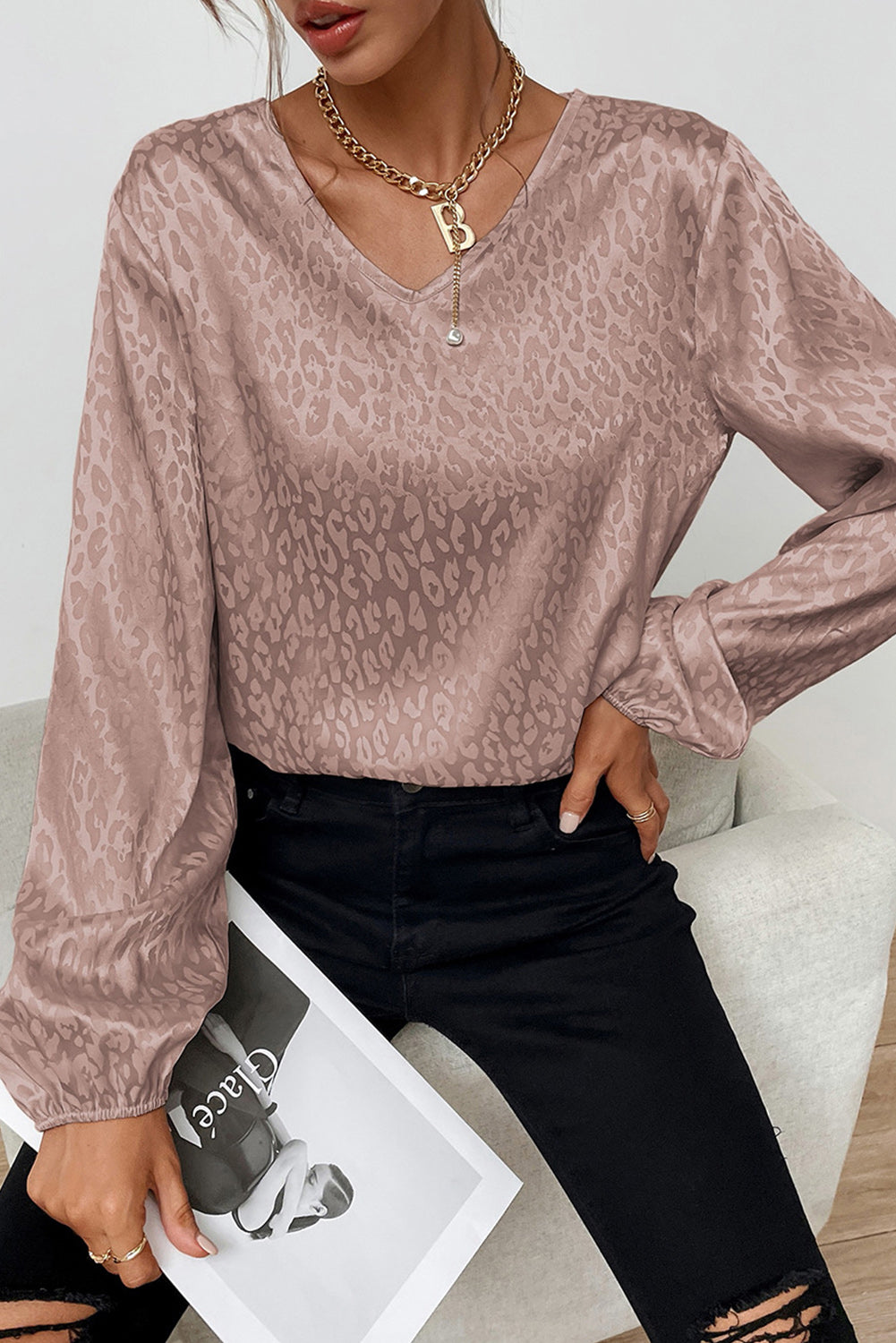 Pink Leopard Print Silk V Neck Long Sleeve Blouse