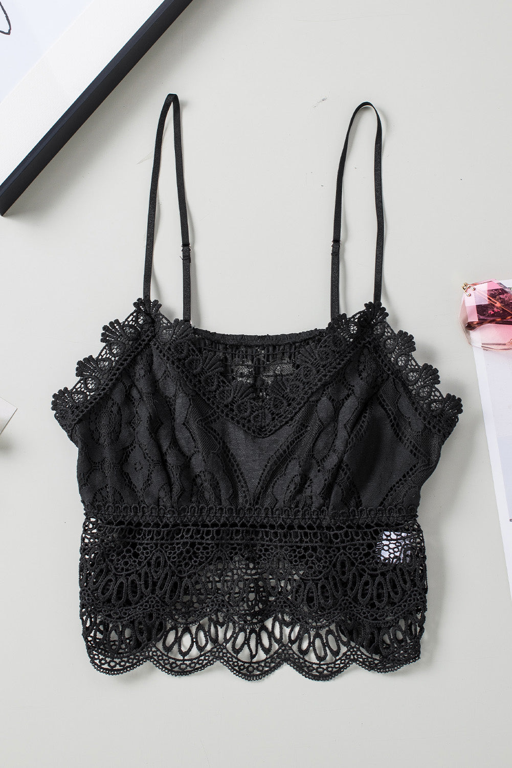 Black Basic Lace Crochet Smocked Cropped Camisole