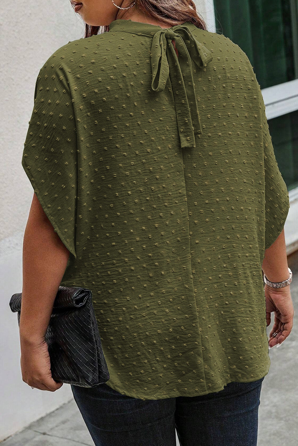 Moss Green Plus Size Swiss Dot Mock Neck Top