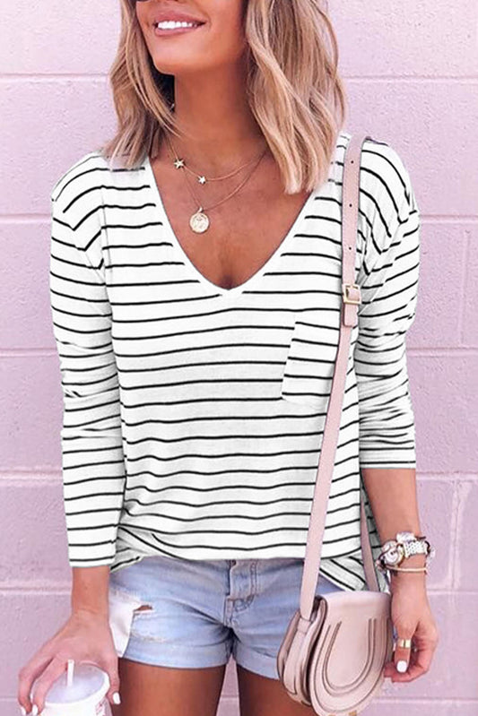 Black & White Stripes Patch Pocket Long Sleeve Shirt