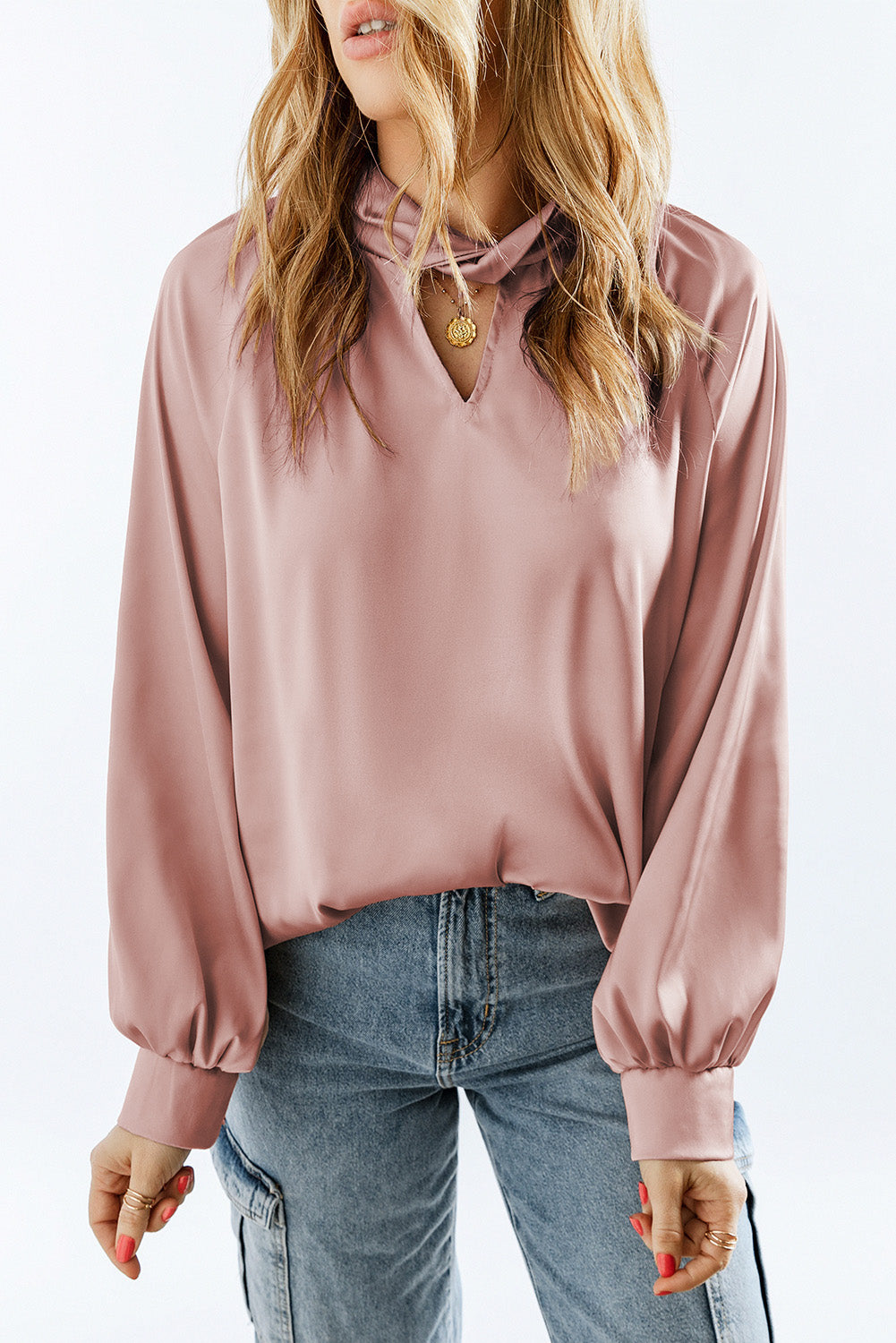 Pink Elegant Keyhole Long Sleeve Satin Blouse