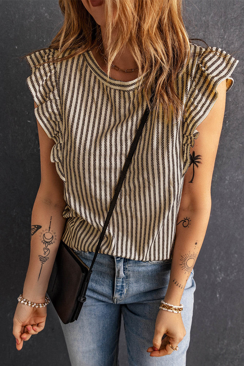 Grey Casual Striped Print Ruffle Summer Top