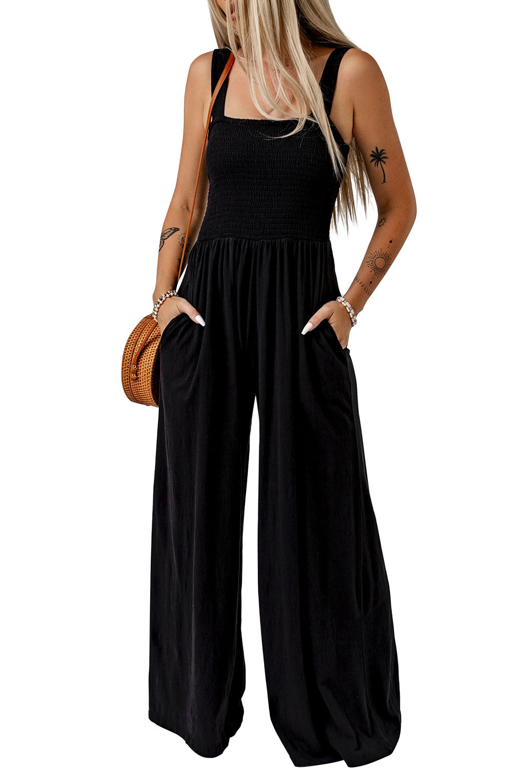 Green Casual Smocked Pocketed Wide Leg Jumpsuit