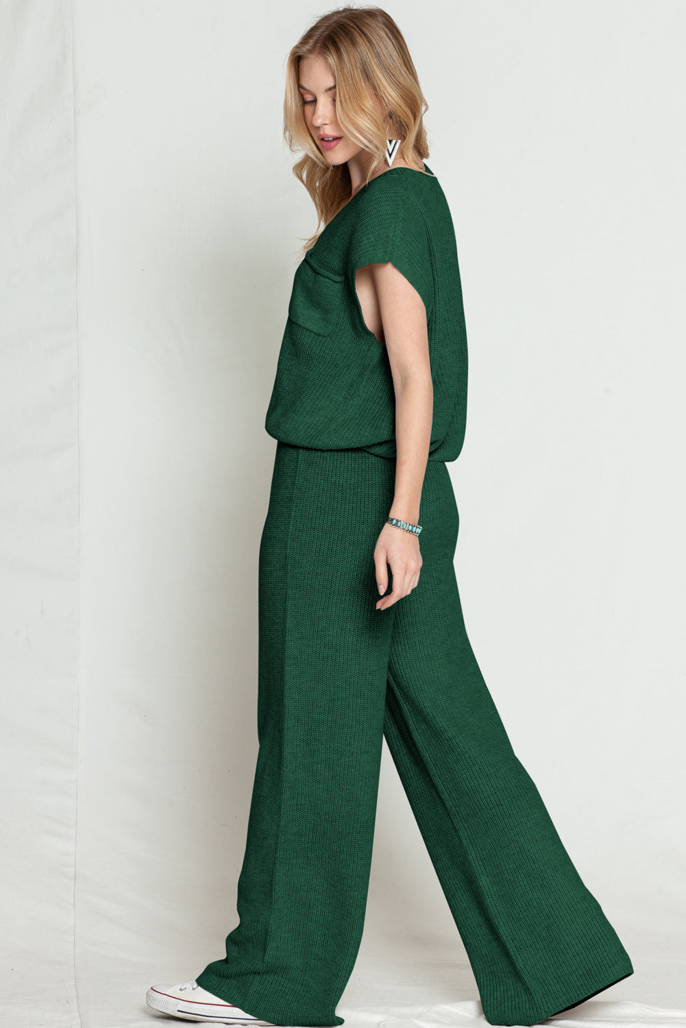 Green Knitted V Neck Sweater and Wide Leg Pants Set